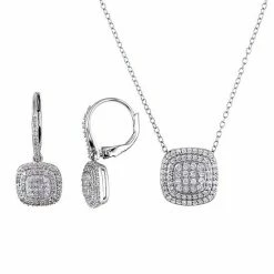 Stella Grace Sterling Silver 1 Carat T.W. Diamond Halo Leverback Earrings & Necklace Set