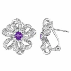 Stella Grace Sterling Silver African Amethyst & White Topaz Floral Omega Clip Earrings