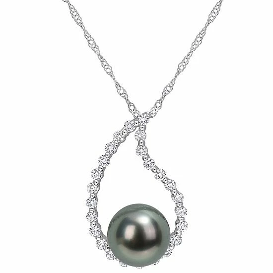 Stella Grace 10k White Gold Tahitian Cultured Pearl & White Sapphire Teardrop Pendant Necklace 1 Stella Grace 10k White Gold Tahitian Cultured Pearl & White Sapphire Teardrop Pendant Necklace
