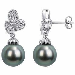 Stella Grace 10k White Gold Tahitian Cultured Pearl & 1/5 Carat T.W. Diamond Floral Drop Earrings