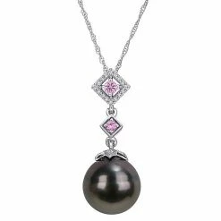 Stella Grace 10k White Gold 1/10 Carat T.W. Diamond, Pink Sapphire & Black Tahitian Cultured Pearl Pendant