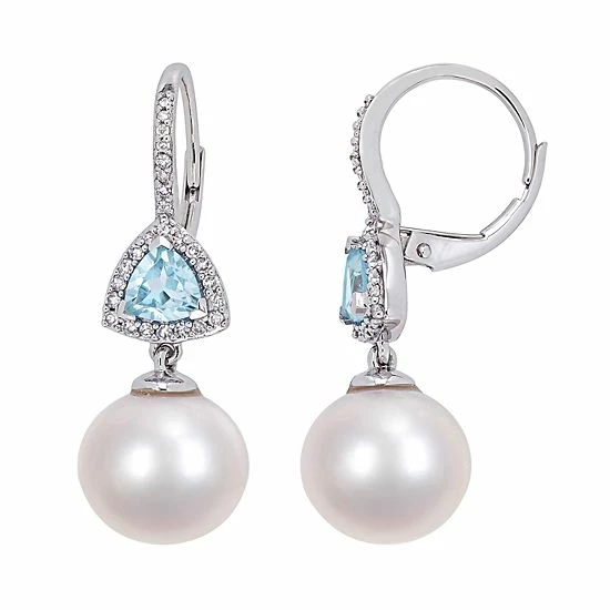 Stella Grace 10k White Gold Freshwater Cultured Pearl & Blue Topaz Leverback Earrings 1 Stella Grace 10k White Gold Freshwater Cultured Pearl & Blue Topaz Leverback Earrings