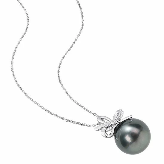 Stella Grace 14k White Gold Tahitian Cultured Pearl & Diamond Accent Bow Pendant Necklace 2 Stella Grace 14k White Gold Tahitian Cultured Pearl & Diamond Accent Bow Pendant Necklace - Image 2