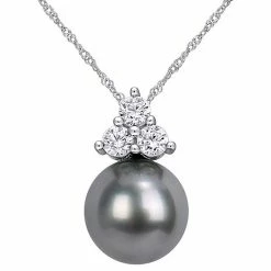 Stella Grace 10k White Gold Lab-Created White Sapphire & Black Tahitian Cultured Pearl Pendant