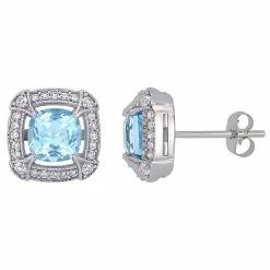 Stella Grace 10k White Gold Blue Topaz, White Sapphire & 1/5 Carat T.W. Diamond Halo Stud Earrings