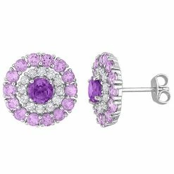 Stella Grace Sterling Silver African Amethyst, Amethyst & White Topaz Double Halo Stud Earrings