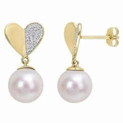 Stella Grace 14k Gold Freshwater Cultured Pearl & 1/6 Carat T.W. Diamond Heart Drop Earrings