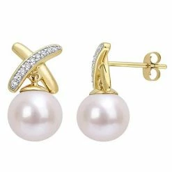 Stella Grace 14k Gold Freshwater Cultured Pearl & 1/10 Carat T.W. Diamond "X" Drop Earrings