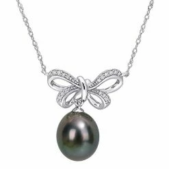 Stella Grace 10k White Gold Tahitian Cultured Pearl & Diamond Accent Bow Pendant Necklace