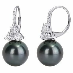 Stella Grace 10k White Gold Tahitian Cultured Pearl, Lab-Created White Sapphire & Diamond Accent Leverback Earrings