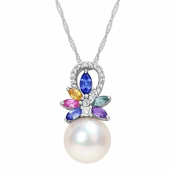 Stella Grace 14k White Gold Freshwater Cultured Pearl, Multicolor Sapphire & Diamond Accent Flower Necklace 1 Stella Grace 14k White Gold Freshwater Cultured Pearl, Multicolor Sapphire & Diamond Accent Flower Necklace