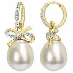 Stella Grace 14k Gold South Sea Cultured Pearl & 1/4 Carat T.W. Diamond Bow Hoop Drop Earrings