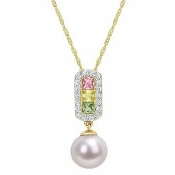Stella Grace 14k Gold Freshwater Cultured Pearl & Multicolor Sapphire Halo Drop Necklace