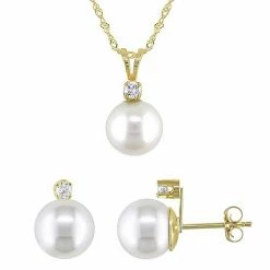 Stella Grace 14k Gold Freshwater Cultured Pearl & 1/6 Carat T.W. Diamond Pendant & Earring Set