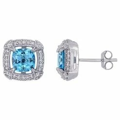 Stella Grace 10k White Gold Swiss Blue Topaz, White Sapphire & 1/5 Carat T.W. Diamond Halo Stud Earrings