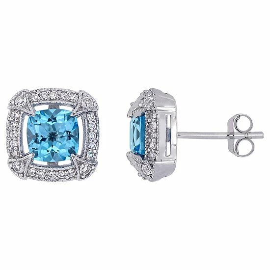 Stella Grace 10k White Gold Swiss Blue Topaz, White Sapphire & 1/5 Carat T.W. Diamond Halo Stud Earrings 1 Stella Grace 10k White Gold Swiss Blue Topaz, White Sapphire & 1/5 Carat T.W. Diamond Halo Stud Earrings
