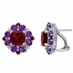 Stella Grace Sterling Silver Garnet & Amethyst Omega Clip Stud Earrings