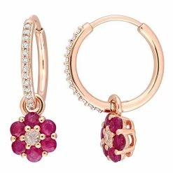 Stella Grace 10k Rose Gold Ruby, White Sapphire & 1/8 Carat T.W. Diamond Floral Hoop Earrings
