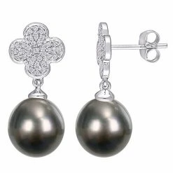 Stella Grace 10k White Gold Tahitian Cultured Pearl & Diamond Flower Drop Earrings