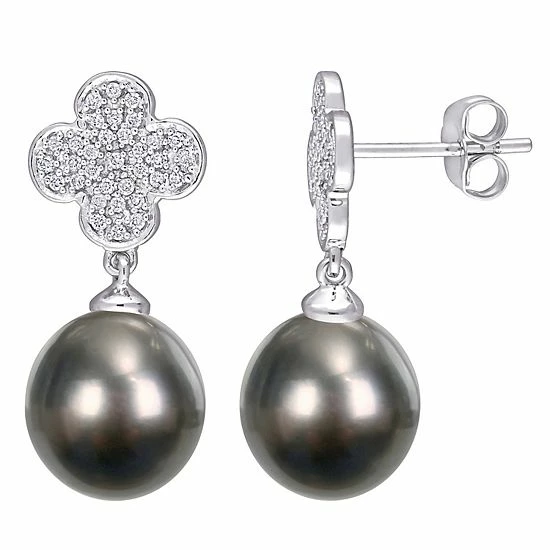 Stella Grace 10k White Gold Tahitian Cultured Pearl & Diamond Flower Drop Earrings 1 Stella Grace 10k White Gold Tahitian Cultured Pearl & Diamond Flower Drop Earrings
