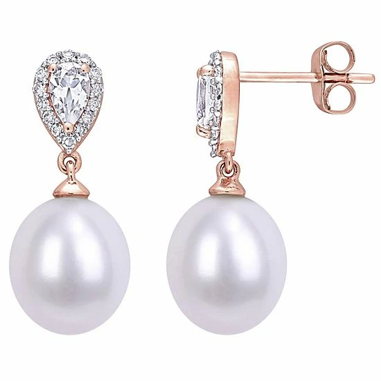 Stella Grace 10k Rose Gold 1/8 Carat T.W. Diamond, White Topaz & Freshwater Cultured Pearl Drop Earrings 1 Stella Grace 10k Rose Gold 1/8 Carat T.W. Diamond, White Topaz & Freshwater Cultured Pearl Drop Earrings