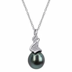 Stella Grace Sterling Silver Tahitian Cultured Pearl & 1/10 Carat T.W. Diamond Drop Pendant Necklace