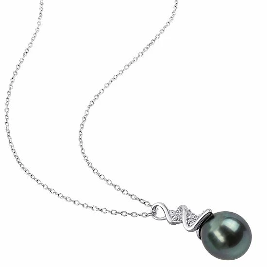 Stella Grace Sterling Silver Tahitian Cultured Pearl & 1/10 Carat T.W. Diamond Drop Pendant Necklace 2 Stella Grace Sterling Silver Tahitian Cultured Pearl & 1/10 Carat T.W. Diamond Drop Pendant Necklace - Image 2