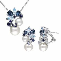 Stella Grace Sterling Silver Freshwater Cultured Pearl & Blue Topaz Pendant & Earring Set